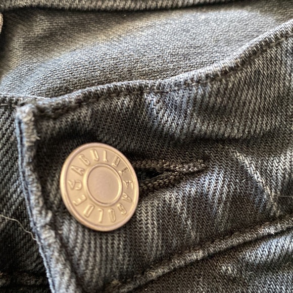 AGOLDE black distressed mid rise stretch straight leg jeans w/ raw cut out cuffs - Picture 5 of 16